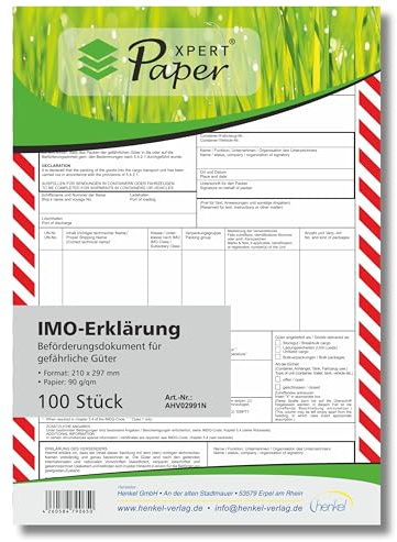 PaperXpert Dichiarazione IMO x 100 | documento di trasporto di merci pericolose | fogli singoli DIN A4 | per stampanti laser e a getto d'inchiostro | Qualità premium – Made in Germany
