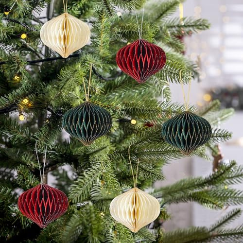 Christbaumschmuck Papier, 6 Stück Papier Ornamente mit Glitzerrand, 3D Waben Weihnachtsdeko Paper, Mini Glitter Rand Paper Waben Weihnachtsbaumschmuck für Weihnachtsbaum Tischdeko (A)