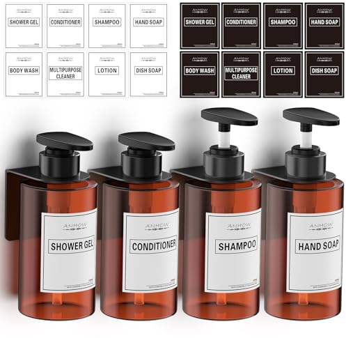 Anhow 4 st tvåldispenser för vägg, tvåldispensrar 300 ml plast schampo duschgel dispenser diskmedel och 6 stycken vattentäta flasketiketter - brun