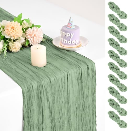 Teruntrue 10er-Pack Salbeigrün-Käsetuch-Tischläufer 17x108 Zoll, Boho-Gaze-Käsetuch-Tischläufer für Hochzeitsfeier, Bridal Shower, Geburtstag, Deko für Zuhause, Garten und Bauernhaus