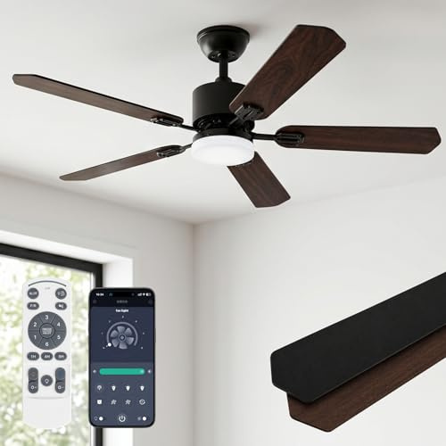 SXLXQM Ventilatore da Soffitto con Luce e Telecomando, Silenzioso Motore DC Reversibile, 5 Pale Legno Doppia Faccia, 6 Velocità, Dimmerabile 3 Colori, Timer, per Soggiorno (Nero, 106 cm (42))
