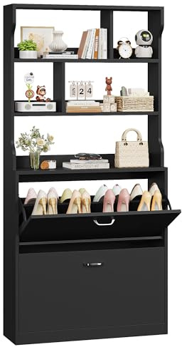 IRONCK Shoe Cabinet 2 Flip Drawers, Slim Shoe Storage Cabinet, Black | Freestanding Shoe Rack Cabinet with 3-Tier Open Shelves, Wooden Shoe Cupboard for Hallway, Entryway, Living Room, 80x24x165cm