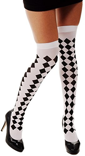 dressmeup - Karneval Fasching Strümpfe Damenstrümpfe Overknees weiß schwarze Karos kariert Harlekin Z180
