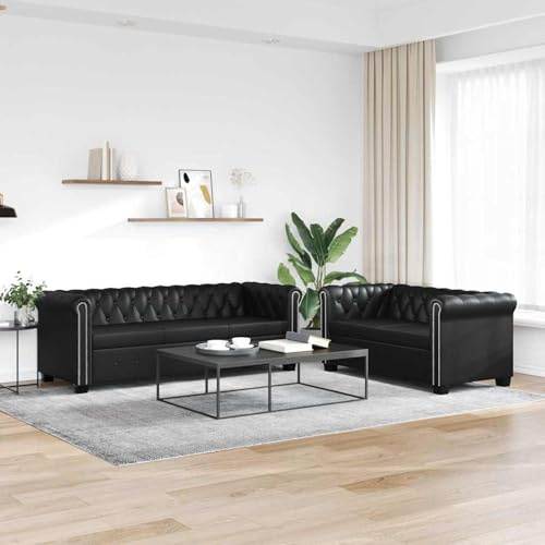 Festnight Chesterfield Sofaset Wohnzimmersofa Couch Loungesofa 2-Sitzer-Sofa und 3-Sitzer-Sofa Kunstlederbezug Schwarz