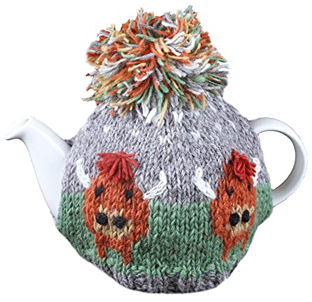 Pachamama Handknitted Medium 4-6 Cup 1.2L Wool Tea Cosy/Teapot Cover - Highland Cow Pattern Insulated Handmade Fair Trade Multicoloured