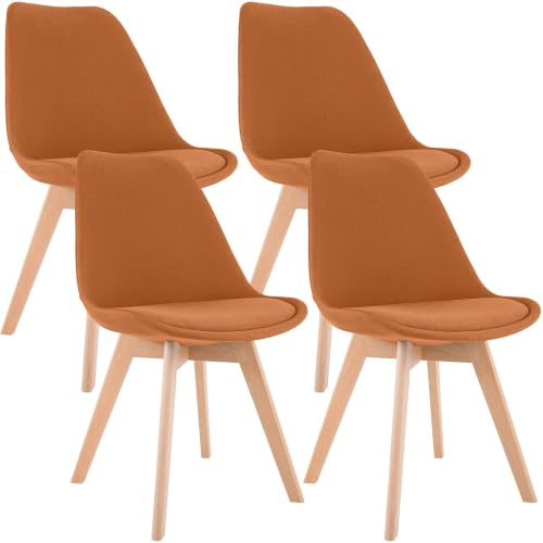 CLP Esszimmerstuhl 4er Set gepolstert Linares, Küchenstühle mit Rückenlehne und Holzgestell Buchenholz, Polsterstühle mit Bodenschonern Farbe orange Material Stoff