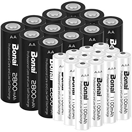 BONAI Batterie Ricaricabili AA AAA Combinate 24PCs, 1,2V Ni-MH Ad Alta Capacità 12 X AA 2800mAh Pile Ricaricabili e 12 X AAA 1100mAh Pile Ricaricabili 1200 Cicli Bassa Autoscarica