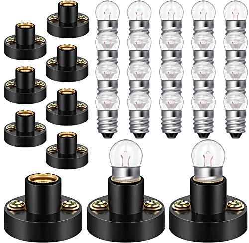 Honoson 30 Pieces E10 Screw Mini Bulbs Warm White Light and E10 Mini Screw Type Bulb Socket Black Plastic Bulbs Holder for Student Experiment Lighting DIY Accessories, 1.5V, 0.3A