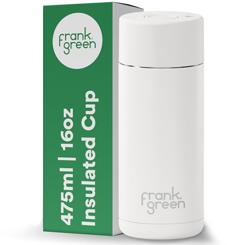 frank green Tasse de voyage isotherme pour boissons froides ou chaudes, 475 ml, tasse à café réutilisable avec couvercle à bouton-poussoir, doublure en céramique, sous vide à triple paroi, blanc nuage