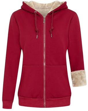 LBL Winter Warm Sherpa Fleece Jacket Women Full Zip Up Hooded Sweatshirt Jacket Coat Wine red M