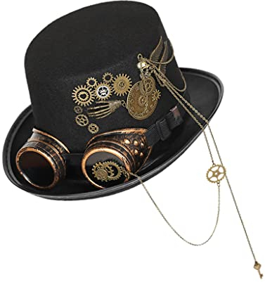 Perfeclan Steampunk Zylinder mit Brille und Zahnrädern, Herren, Schwarz, Einheitsgröße,A