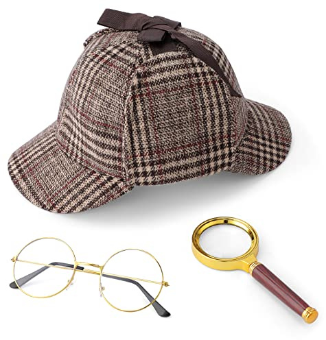 Hifot 3 STK Sherlock Holmes Detektiv Kostüm Zubehör Set - 20er Jahre Detektiv Kostüm für Kinder, Jungen, Damen & Herren - Rollenspiel Kostümzubehör in Einheitsgröße