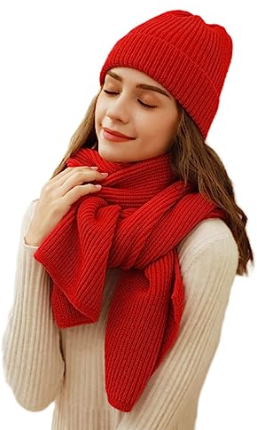 Damen Winter Strickmütze Schal Set Leopard Beanie Mütze Nackenwärmer Skimütze, Rot, EinheitsgröÃŸe