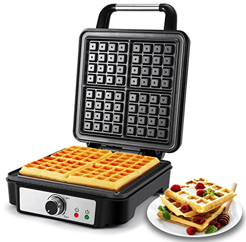 YASHE Gofrera, Máquina de Gofres Cuadrada de 4 Rebanadas, 5 Perillas de Dorado, Luces Indicadoras, Antidesbordamiento, Recubrimiento Antiadherente, 1200W, Plateado/Negro