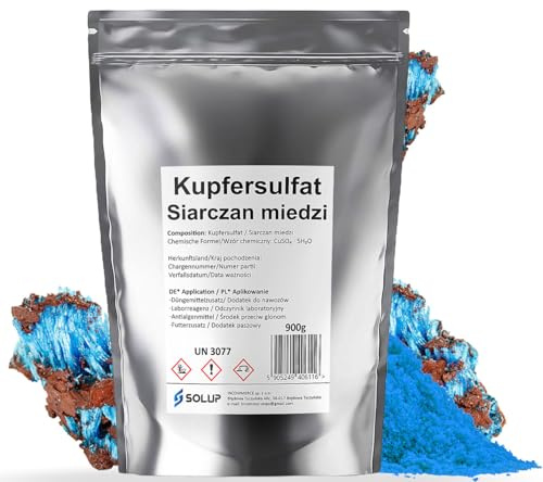 SOLUP Kupfersulfat Pentahydrat 900g I CuSO4 * 5H2O Kupfervitriol I Kupfersulfat für Pool I Pferd I Kupfersulfat für Garten für Pool, Labor, Werkstatt, Kristallzucht I für Bäume Pulver (900 g)