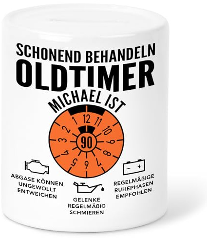Oldtimer Spardose 90. Geburtstag Geldgeschenk Verpackung personalisiert mit Namen Geld Geschenk für Männer Geburtstagsgeschenk Sparbüchse Sparschwein aus Keramik (90)