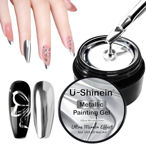 U-Shinein Metallic Spiegel-Silber-Gold Nagellack - Verbessertes Super-Reflektierendes Metall-Malgelgel für DIY-Nagelkunst, UV-Gel, Ultra-Hell Silber