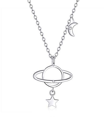 Halskette Damen,Halskette mit interstellarem Anhänger „Planet mit Stern“ für Damen, 925er-Sterlingsilber, Kettenglieder-Halsketten, Modeschmuck