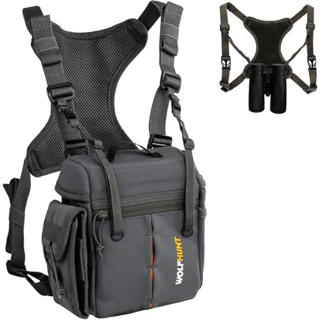 WOLFHUNT Binokulares Geschirr mit Magnetverschluss, abnehmbare Tasche für Entfernungsmesser, Camouflage, Grau, Medium, Camouflage