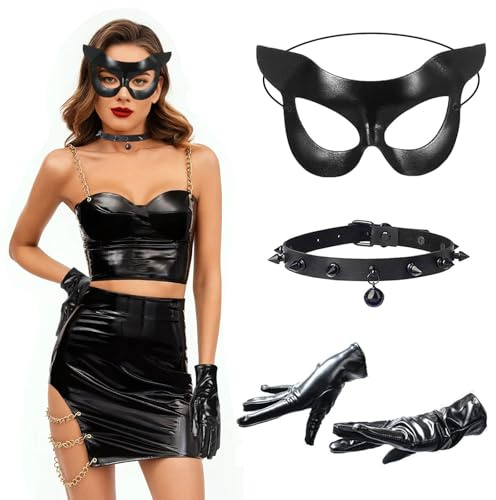 Weinibao Masque, Demi Masque Halloween Gants, Collier Masque, 3 Pièces Déguisement Chat Femme pour Halloween Carnaval Fête Mascarade Cosplay