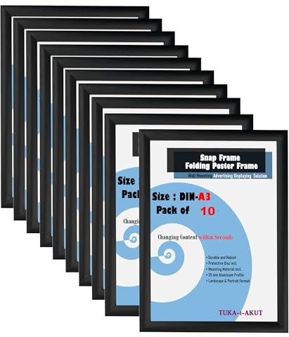 TUKA-i-AKUT 10X A3 Cornice a Scatto in Alluminio Profilo 25 mm, Pieghevoli Cornice a Clip per Poster Foto Display Pubblicitari, Pannello Protezione, Materiale Fissaggio, Color Nero TKD8420-A3-10X