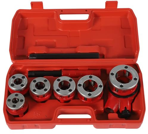 Schneidkluppensatz Klempner-Rohrgewinde-Kit Gewindeschneider Rohrschneider Manuelles Einfädler Set Ratschen Profi-Werkzeugkoffer mit 6 Matrizen 1/4,3/8,1/2,3/4,1,1-1/4