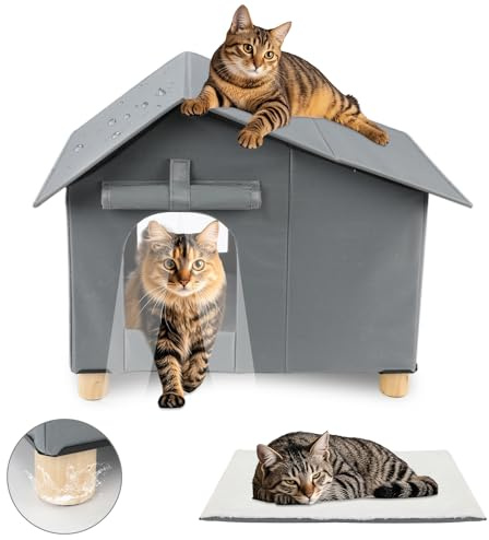 FHTONGE Große Katzenhaus Outdoor Winterfest, Erhöht Isoliert Katzenhütte Outdoor, Doppelte Fluchttür, Faltbar Katzenhäuser mit Abnehmbarem Kissen und Vorhang für Wildkatze