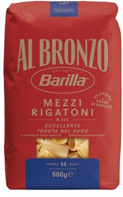 Barilla Al Bronzo Pasta Mezzi Rigatoni, 500g I Nudeln aus Bronze-Formen | Saucenhaftung auf die italienische Art, 100% hochwertiger Hartweizen verleiht den vollmundigen Geschmack