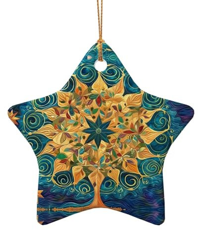 Baum des Lebens Weihnachtsanhänger - Doppelseitiger Keramik Weihnachtsanhänger zum Basteln - Weihnachtsanhänger Deko Ornament mit Goldschnur