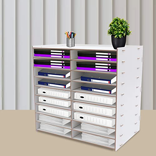 MEHOOSPVN 18 Fächer Holz A4 Büro Schreibtisch Organizer Dokumentenhalter Aktenablage Zeitschriftenhalter Briefablage Papier Magazin Organisator, Briefablage Schreibtisch Organizer 518x330x490 mm, Weiß