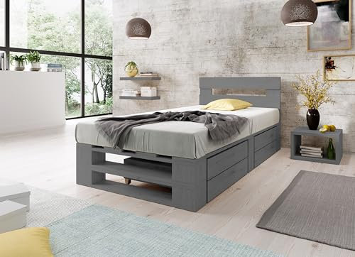 Lermowood Palettenbett M2 aus Holz 90 x 200 cm Grau mit Kopfteil und 2 Bettkästen Holzbett 30cm Stabiles Seniorenbett Kinderbett Jugendbett Gästebett erhöhtes Bettgestell Futon Komforthöhe Naturholz