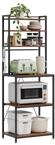 WOLTU Estantes de Cocina de 6 Niveles, Estanteria Almacenaje con 6 Ganchos, Organizador Cocina, Mueble para Microondas, Metal + Madera, 60x40x167 cm, Marrón Rústico+Negro