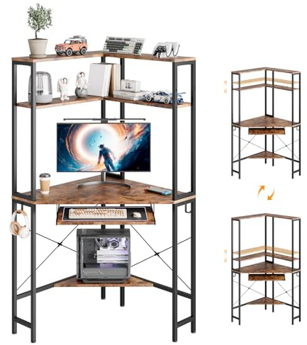 Dripex Corner Desk, Corner Right-Angle Computer Desk with Adjustable Shelves & Keyboard Tray, Hooks, Space-Saving Design for Home/Office/Gaming