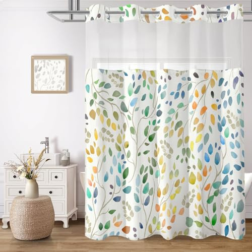 CTOTSYC No Hook Shower Curtain with Snap in Liner Set, Boho Colorful Leaves Design, Waterproof Washable Fabric Floral Shower Curtains for Bathroom Decor with See Through Mesh Top Window 71x74 Inch