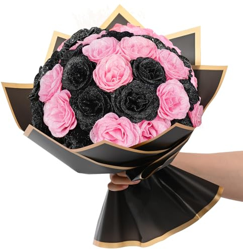 Waipfaru Ramo de rosas con purpurina, ramo de flores de Halloween negras y rosas, rosas artificiales para Halloween, boda, aniversario, compromiso, 36 piezas