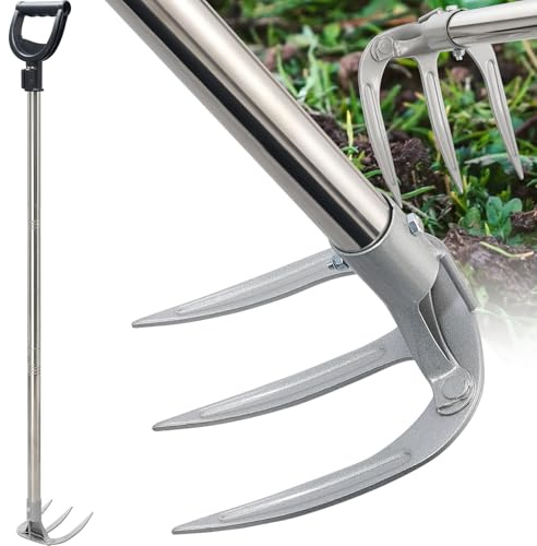 Potato Hand Rake Garden Tool - 62 Long Handle Cultivator Weeding Rakes, 3-Tine Heavy Duty Carbon Steel with D Grip for Raised Garden Beds,Flower Bed,Soil Grass Yard Gardening