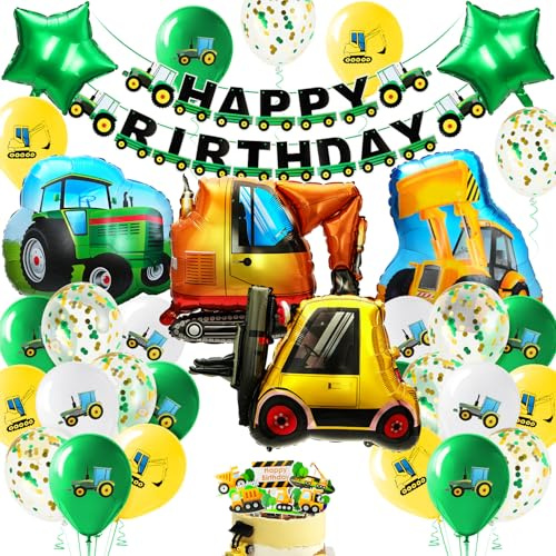 Ainiv Bagger Geburtstag Deko Set, Happy Birthday Banner und Ballon-Set | Engineering Fahrzeug Thema Geburtstag Party Dekoration