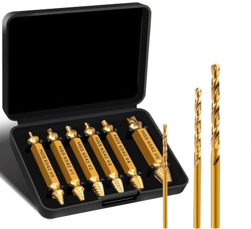 9 PCS Damaged Screw Extractor Set,6 PCS HSS 6542 Screw Extractor Remover Kit and 3 PCS Twist Drill Bit Kit, Bolt Extractor Set for Damaged Broken Stripped Screws (Bold)