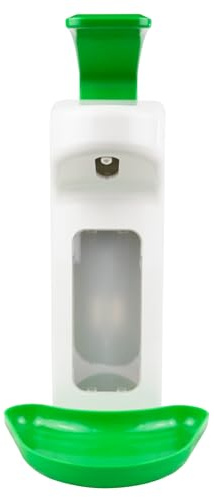 Hygiene365® Desinfektionsspender SD2005, Armhebelspender manuell für 500ml – Eurospender, nachfüllbar (Weiß mit grüner Tropfschale und grünem Armhebel)