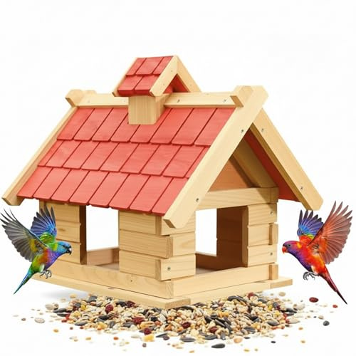 Mucola Vogelhaus XXL Vogelfutterhaus Holzschindeln 44x34x37 cm Natur Rot | Meisen, Spatzen, Rotkehlchen, Finken, grün lasiertes Echtholzdach, rundum offene Futterfläche, Outdoor, inkl. Montagematerial