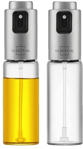 SILBERTHAL Ölsprüher 2er Set 120 ml Glas - Sprühflasche für Speiseöl | 2 in 1 Essig & Ölspender – Gleichmäßiges Sprühen für Heißluftfritteusen, Pfannen, Salat – Küchenhelfer – Spülmaschinenfest