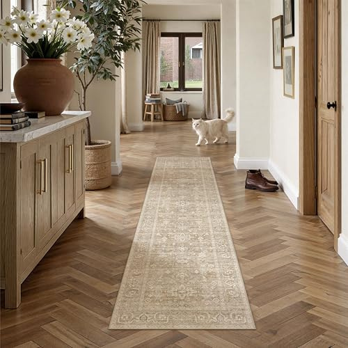 PureCozy Vintage Teppich Läufer Flur 60x240cm Beige Teppichläufer | Waschbarer Carpet,Weich Rutschfest Lang Teppiche,Küche Schlafzimmer Bettvorleger Büro Kurzflor Tepich Carpets Rug