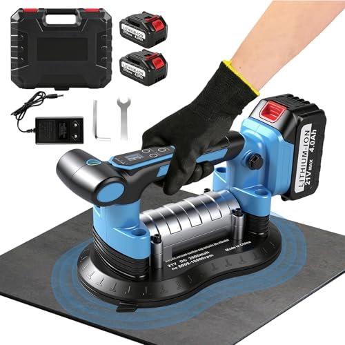 VOBOR 2 en 1 Ventouse Vibreur Carrelage Sans Fil, Ventouse 25 x 15 cm, Capacité d'Adsorption de 200kg, 9 Vitesses, Vntouse Carrelage avec 2x Batterie au Lithium, pour Verre/Bois/Ciment