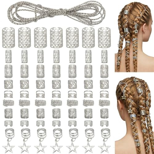 NiceNaiils 116 Pcs Dreadlocks Joyería, accesorios para el pelo para trenzas, puños de metal ajustables, joyas para el cabello, clips en espiral para rastas para hombres, trenzas（Plata）