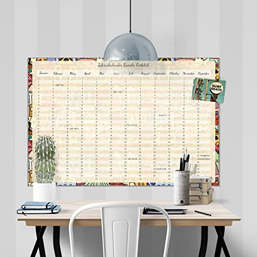 banjado® Wandkalender abwischbar aus Glas 60x40 cm/Jahresplaner abwischbar mit Motiv Verrückte Welt/langlebiger Jahreskalender, Urlaubsplaner & Familienplaner abwischbar