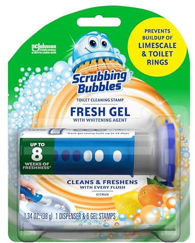 Scrubbing Bubbles Fresh Gel Toilet Bowl Cleaning Stamps, Helps Keep Toilet Clean and Helps Prevent Limescale & Rings, Citrus Scent, 1 Dispenser with 6 Fresh Gel Stamps
