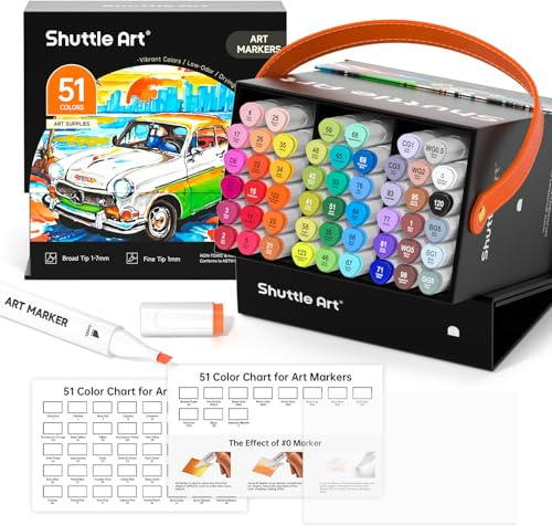 Shuttle Art 51 Colours Alcohol Markers, Professional Dual Tip Art Pens and Colourless Blender, Felt Tip Pens with Case for Artists Adult Illustration Colouring Sketching Drawing