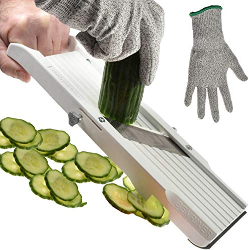 Benriner Mandoline Gemüseschneider 120 mm weiß inkl. Fingerschutz + Prymo Schutzhandschuh