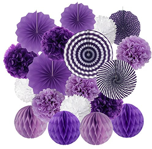 ZERODECO Purple Party Decorations, Hanging Paper Fan Set Tissue Paper Pom Poms Flower Fan and Honeycomb Balls for Birthday Baby Shower Wedding Festival Decorations