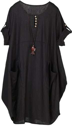 FTCayanz Vestito Donna Manica Corta Abito Tunica Midi Taglie Forti Abiti Lino Camicetta Nero XXL